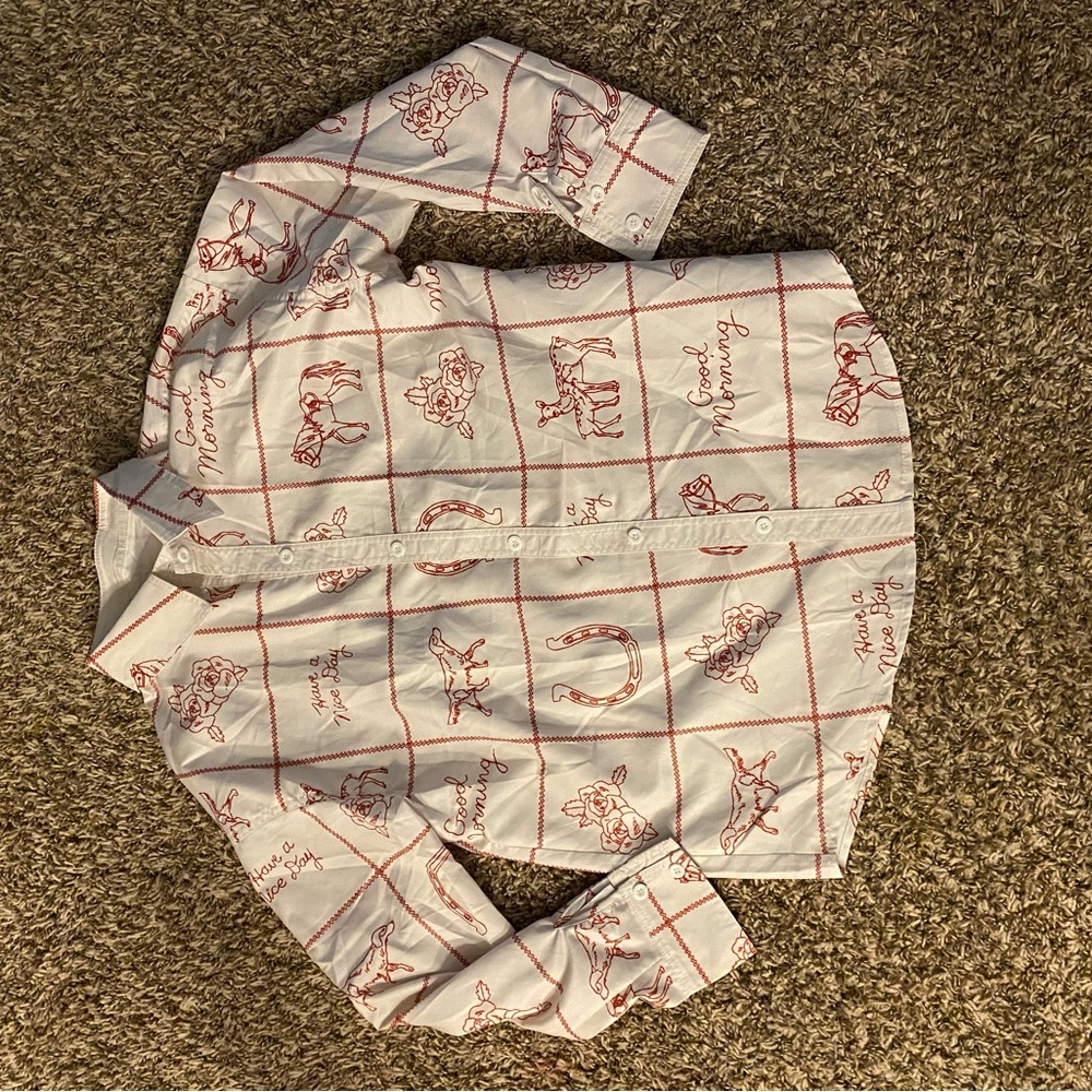 White and Red Graphic Button-Up Shirt